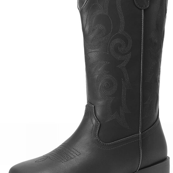 Women's Black Cowboy Cowgirl Boots with Embroidery and Chunky Low Heel - Picture 1 of 8